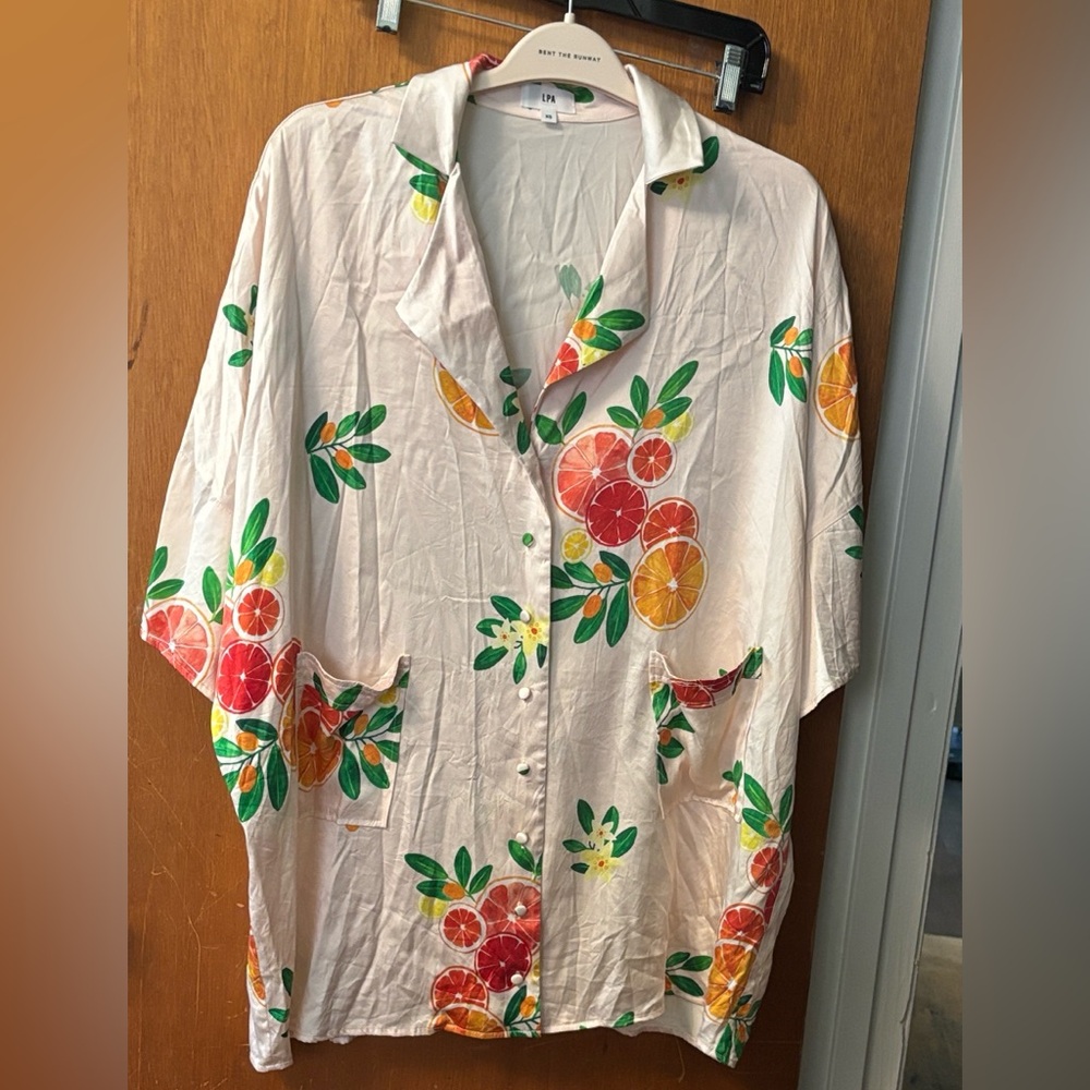 LPA Cream Fruit Print Button Up Dress
